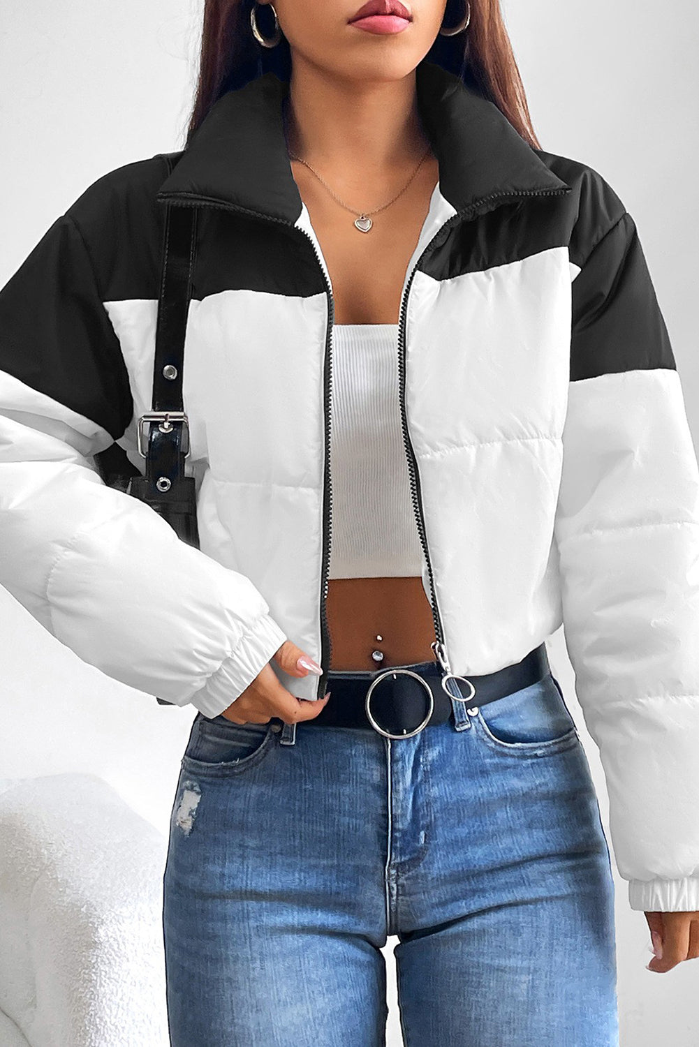 Black and White Collared Neck Color Block Puffer Jacket