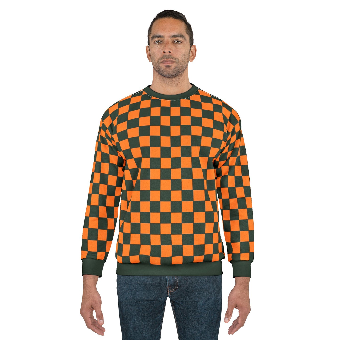 Checkered Fast Car Unisex Sweatshirt with Fleece Lining - Orange and Forest Green