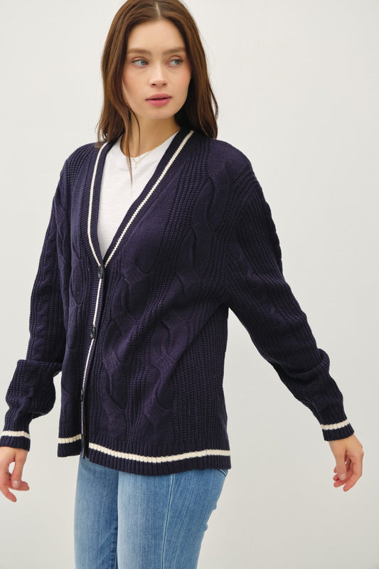 Contrast Trim Cable-Knit V-Neck Cardigan Collegiate Blue