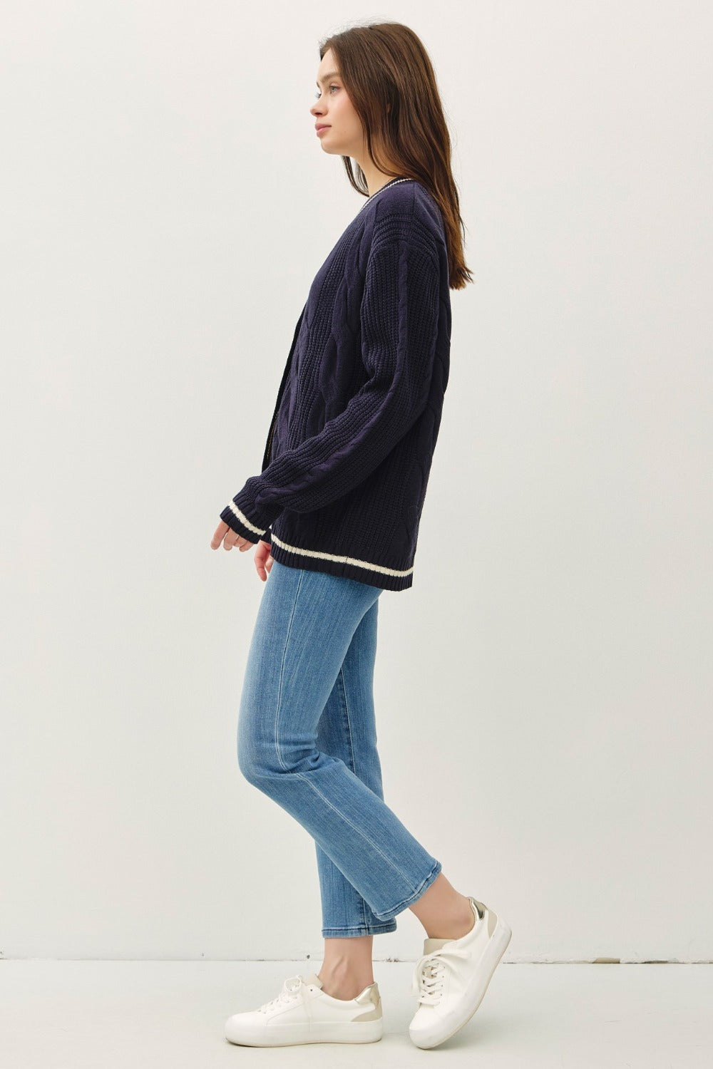 Contrast Trim Cable-Knit V-Neck Cardigan Collegiate Blue