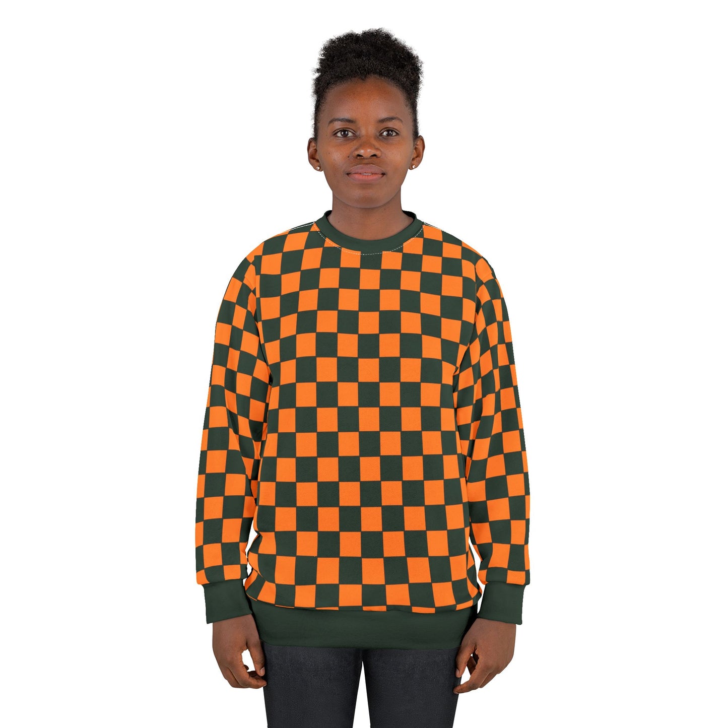 Checkered Fast Car Unisex Sweatshirt with Fleece Lining - Orange and Forest Green