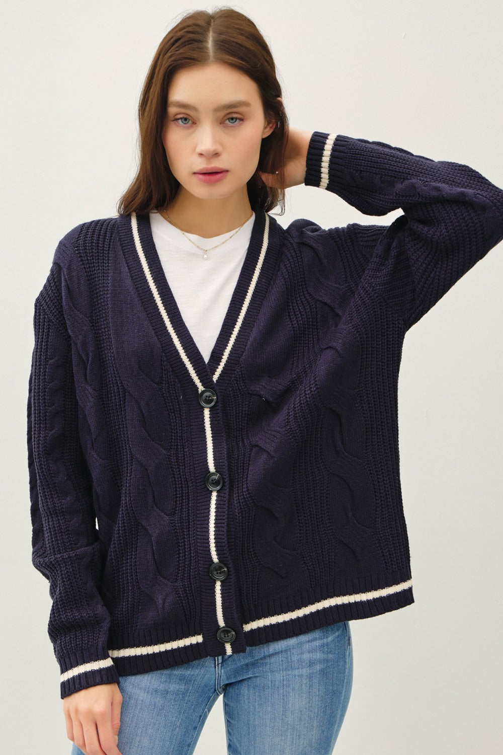 Contrast Trim Cable-Knit V-Neck Cardigan Collegiate Blue