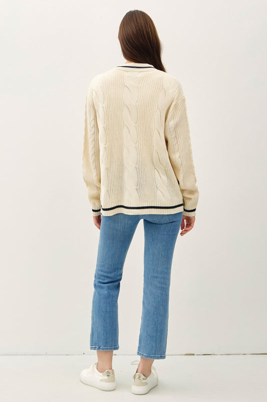 Contrast Trim Cable-Knit V-Neck Cardigan Cream