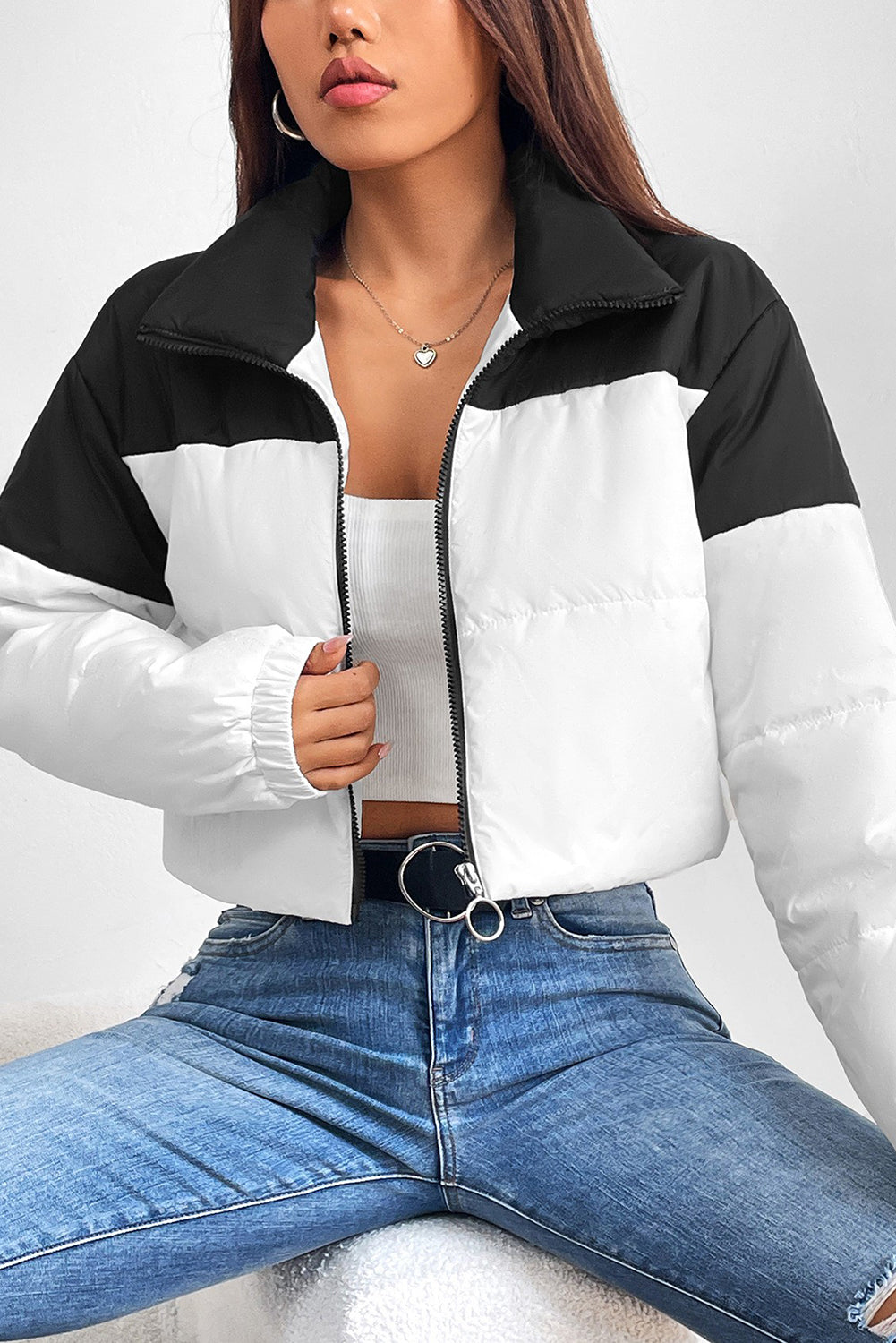 Black and White Collared Neck Color Block Puffer Jacket