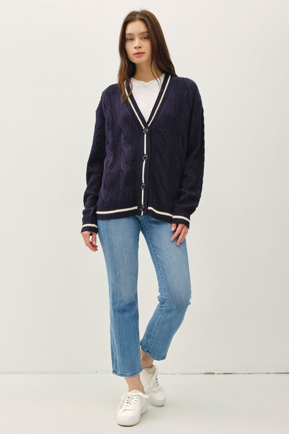 Contrast Trim Cable-Knit V-Neck Cardigan Collegiate Blue