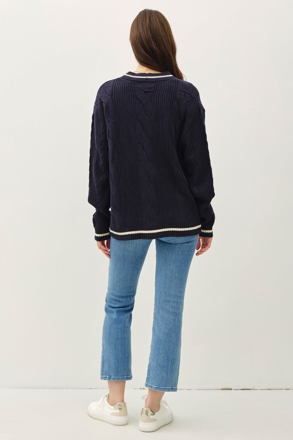 Contrast Trim Cable-Knit V-Neck Cardigan Collegiate Blue