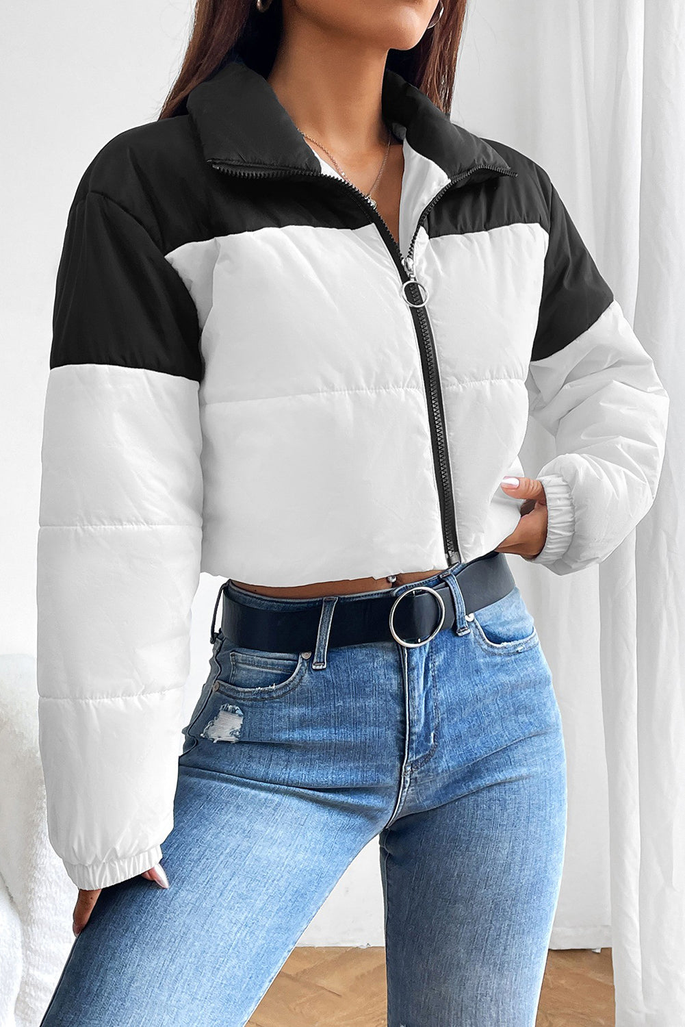 Black and White Collared Neck Color Block Puffer Jacket