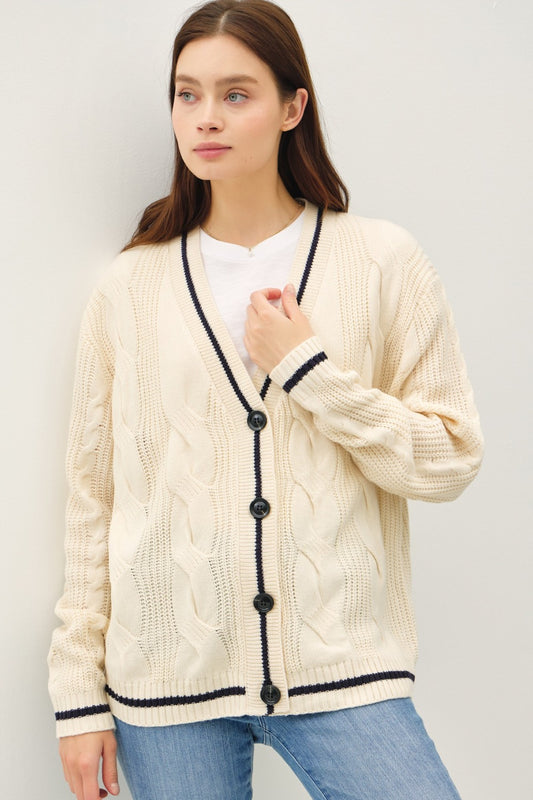 Contrast Trim Cable-Knit V-Neck Cardigan Cream