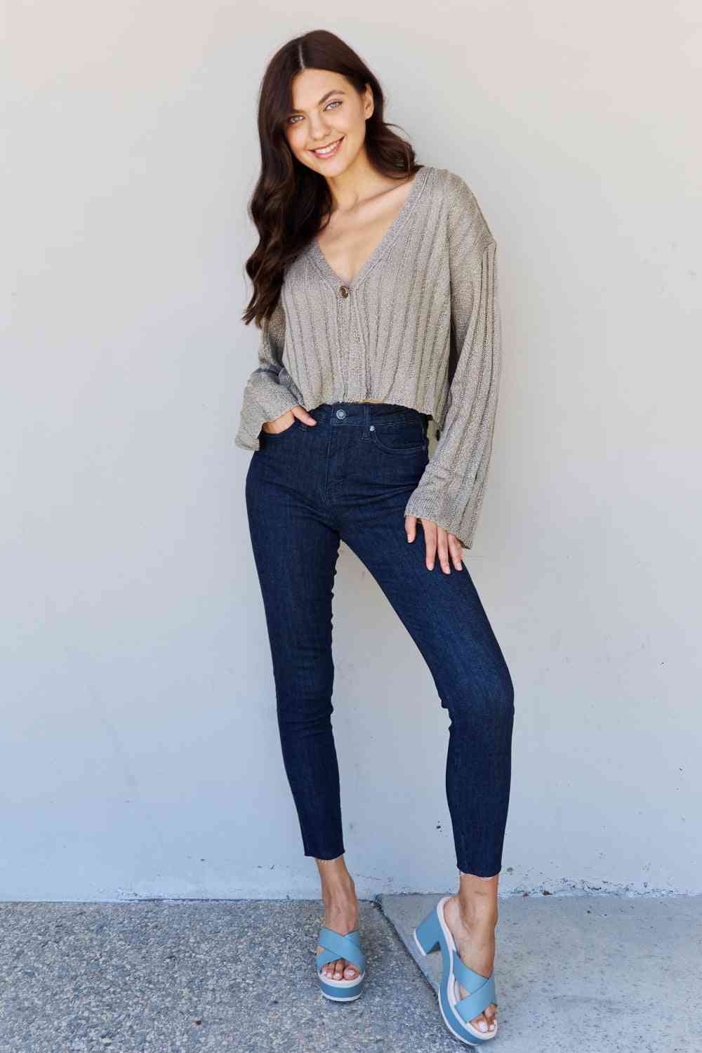 Semi Cropped Ribbed Cardigan