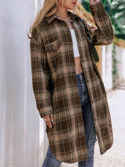 Plaid Collared Neck Button Down Longline Jacket