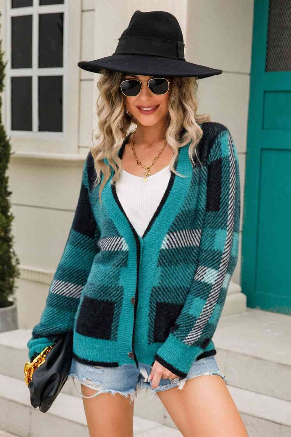 Pine Striped Button-Front Fuzzy Cardigan