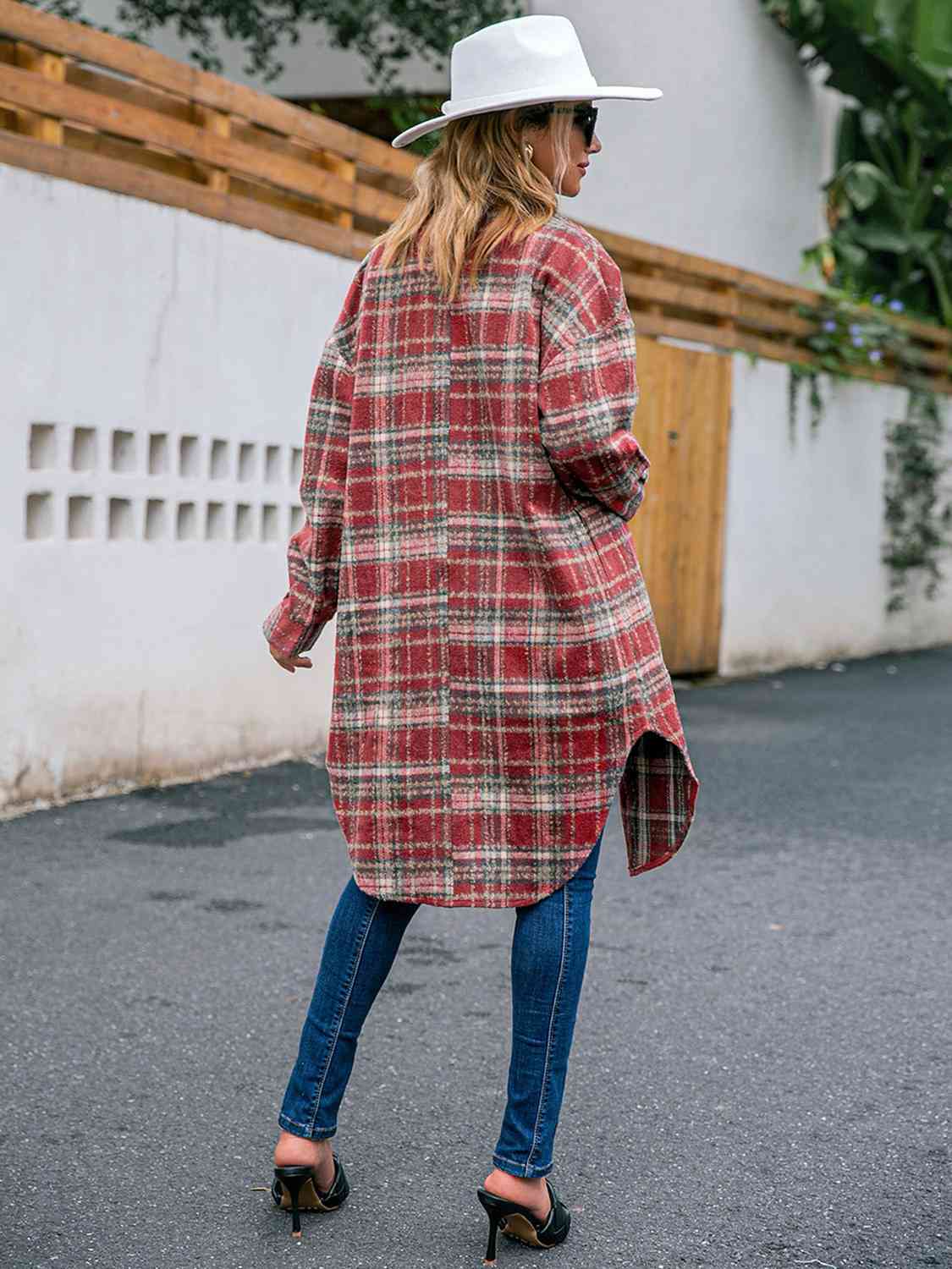 Plaid Collared Neck Button Down Longline Jacket