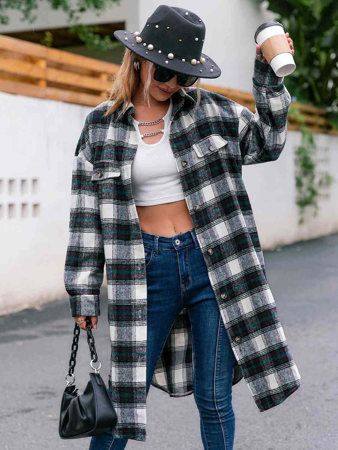 Plaid Collared Neck Button Down Longline Jacket