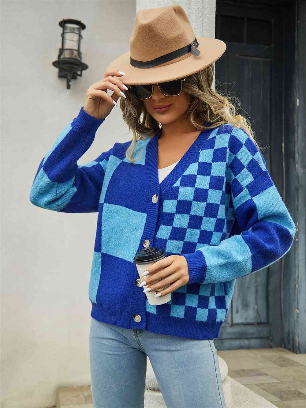 The Bold Racer Plaid V-Neck Dropped Shoulder Cardigan