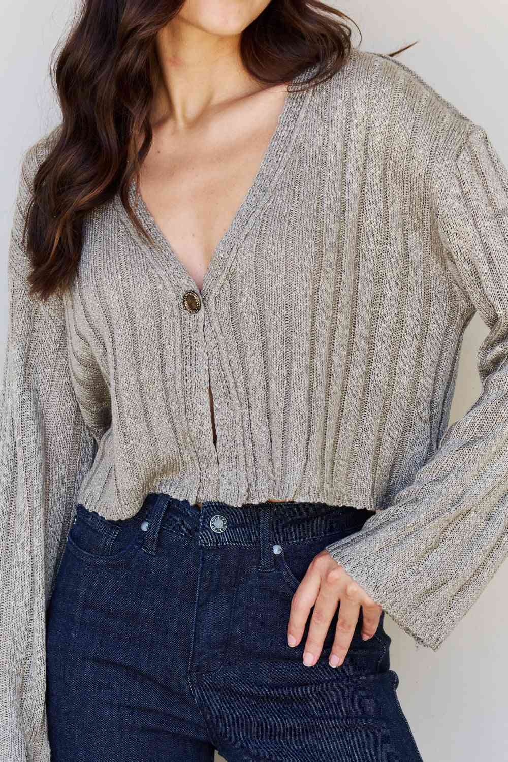 Semi Cropped Ribbed Cardigan