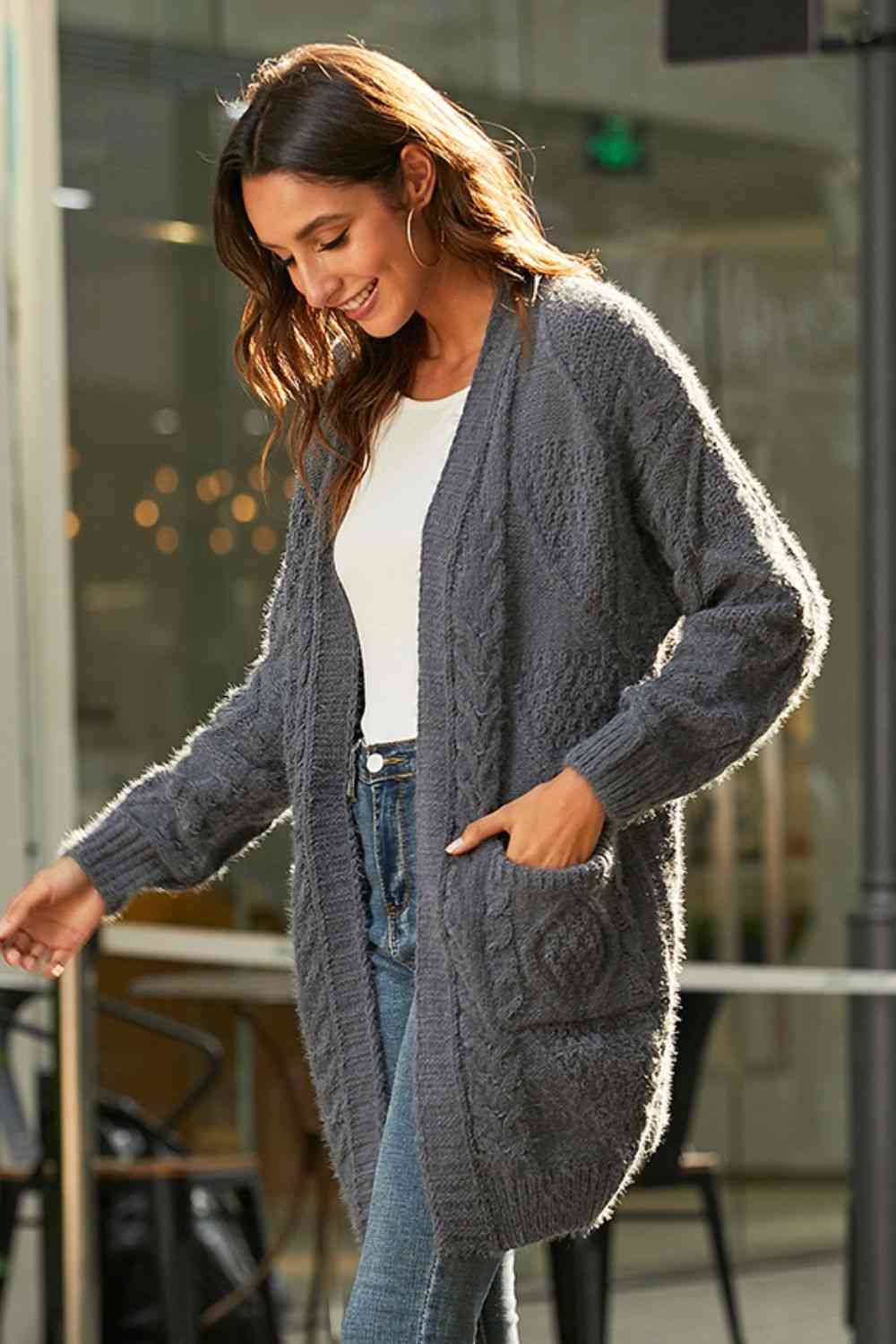 Mixed Knit Open Front Cardigan