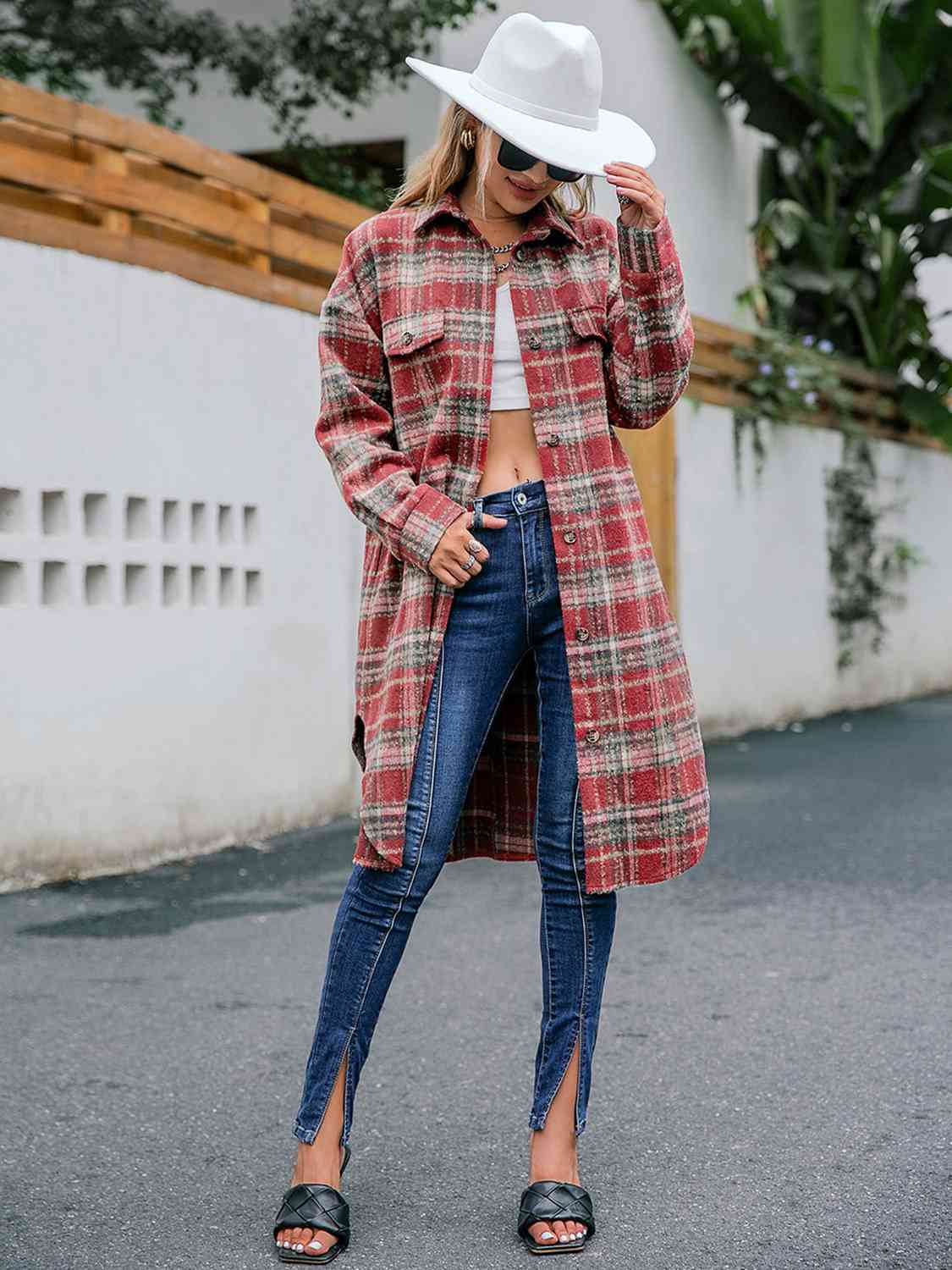 Plaid Collared Neck Button Down Longline Jacket