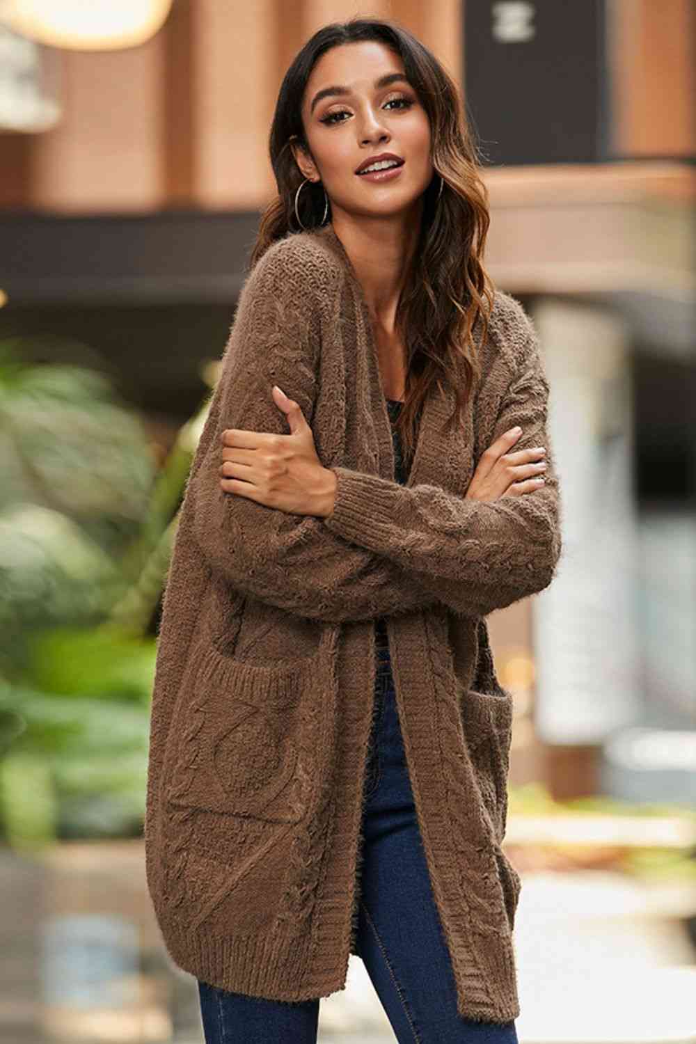 Mixed Knit Open Front Cardigan