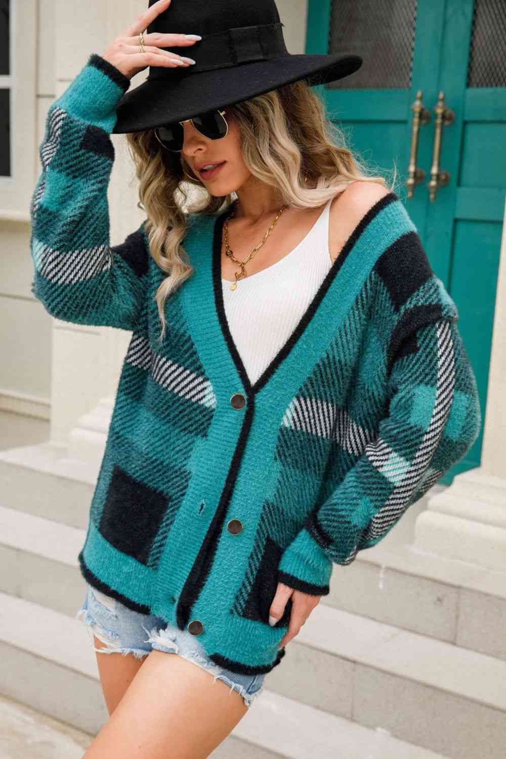 Pine Striped Button-Front Fuzzy Cardigan