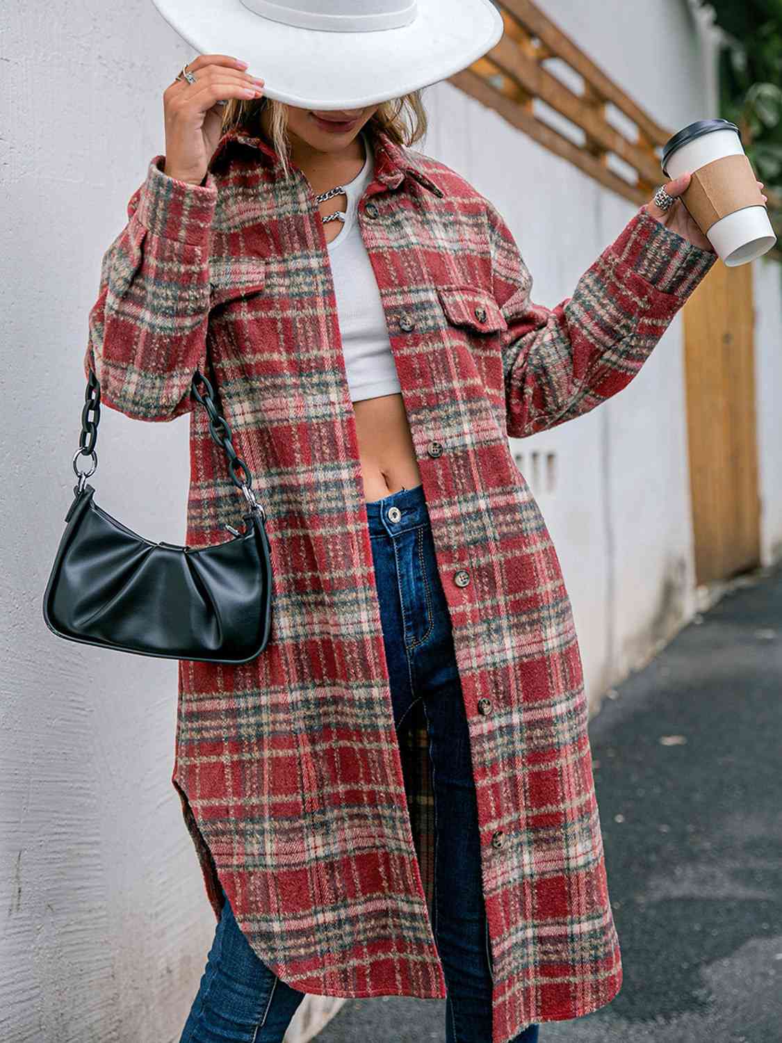 Plaid Collared Neck Button Down Longline Jacket