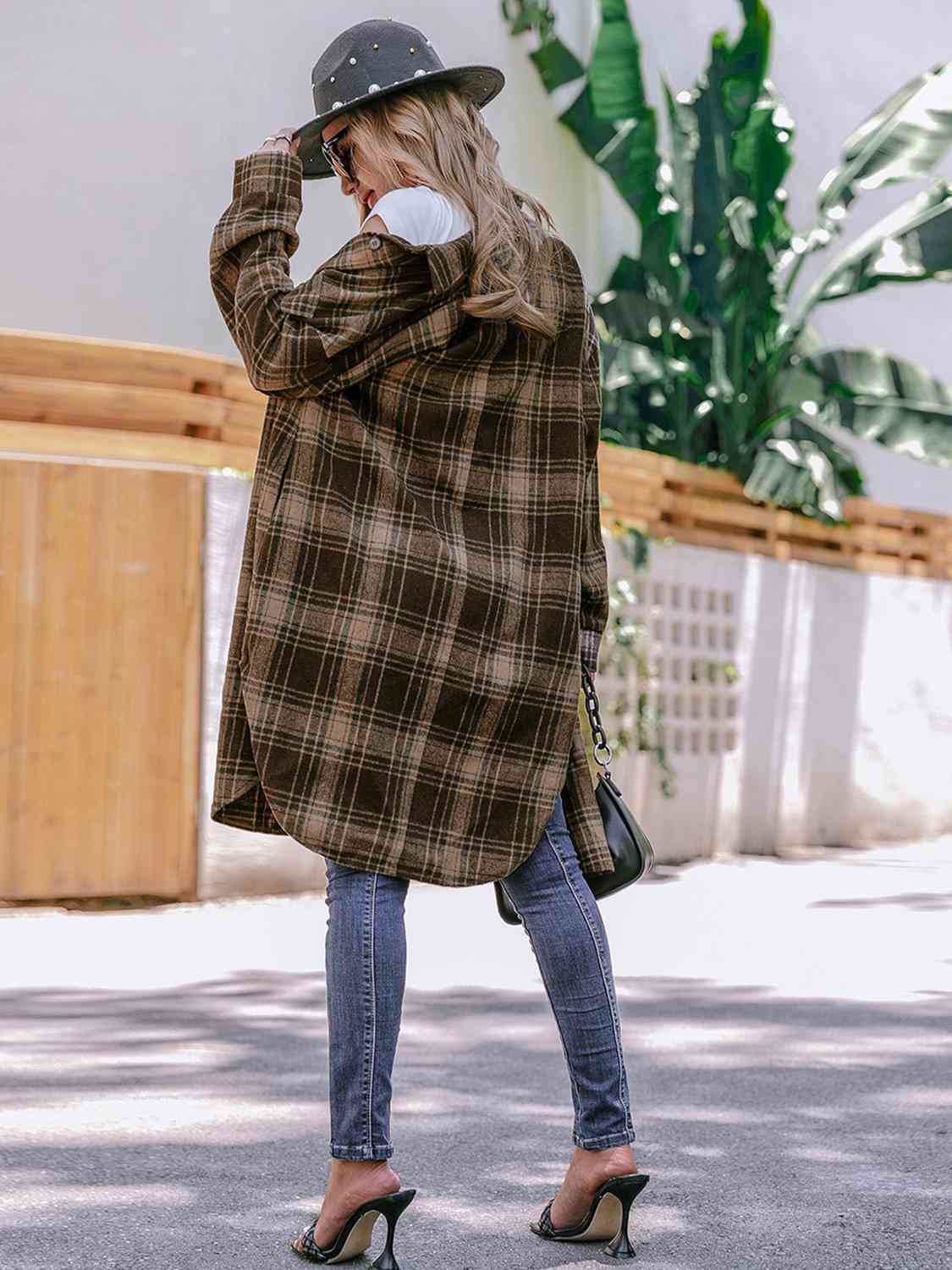 Plaid Collared Neck Button Down Longline Jacket