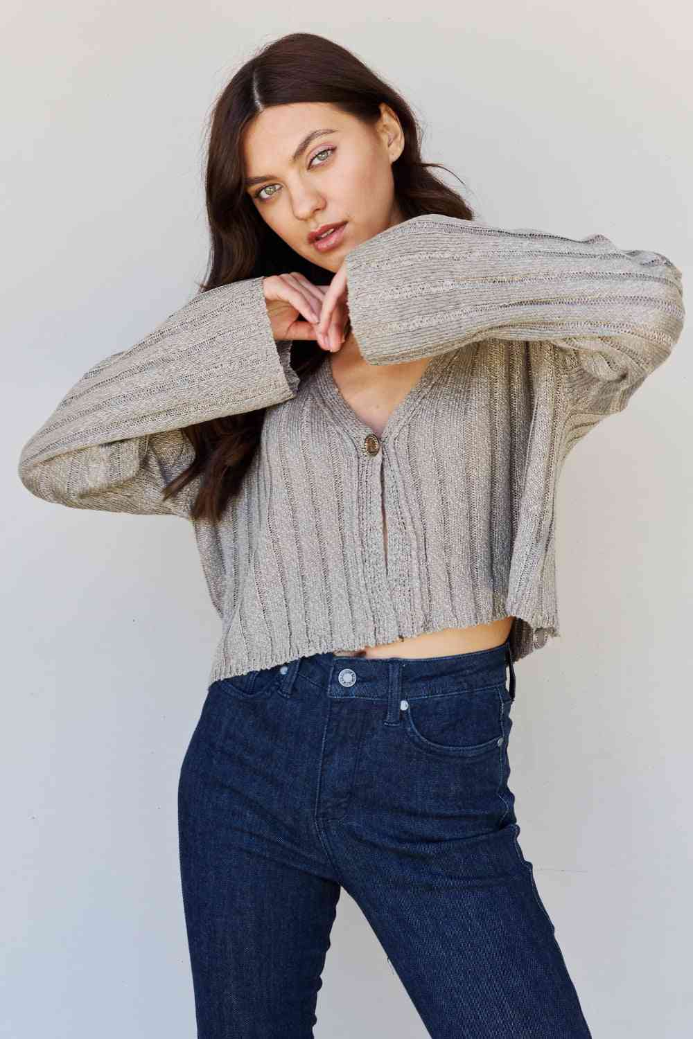 Semi Cropped Ribbed Cardigan