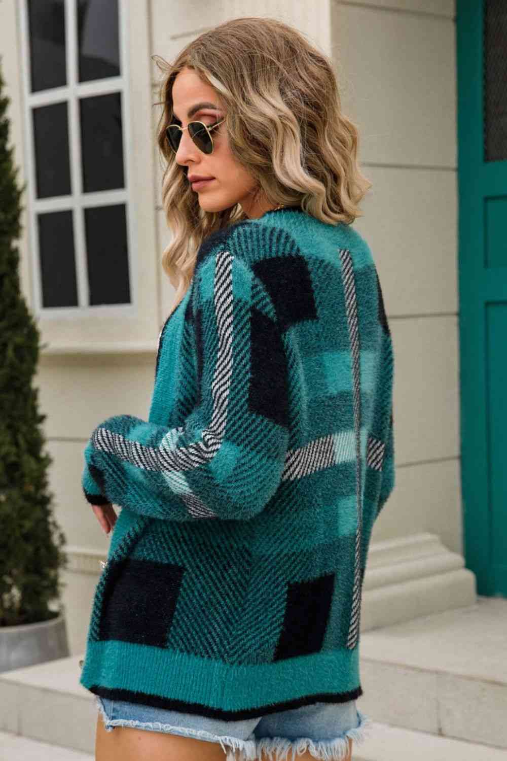 Pine Striped Button-Front Fuzzy Cardigan