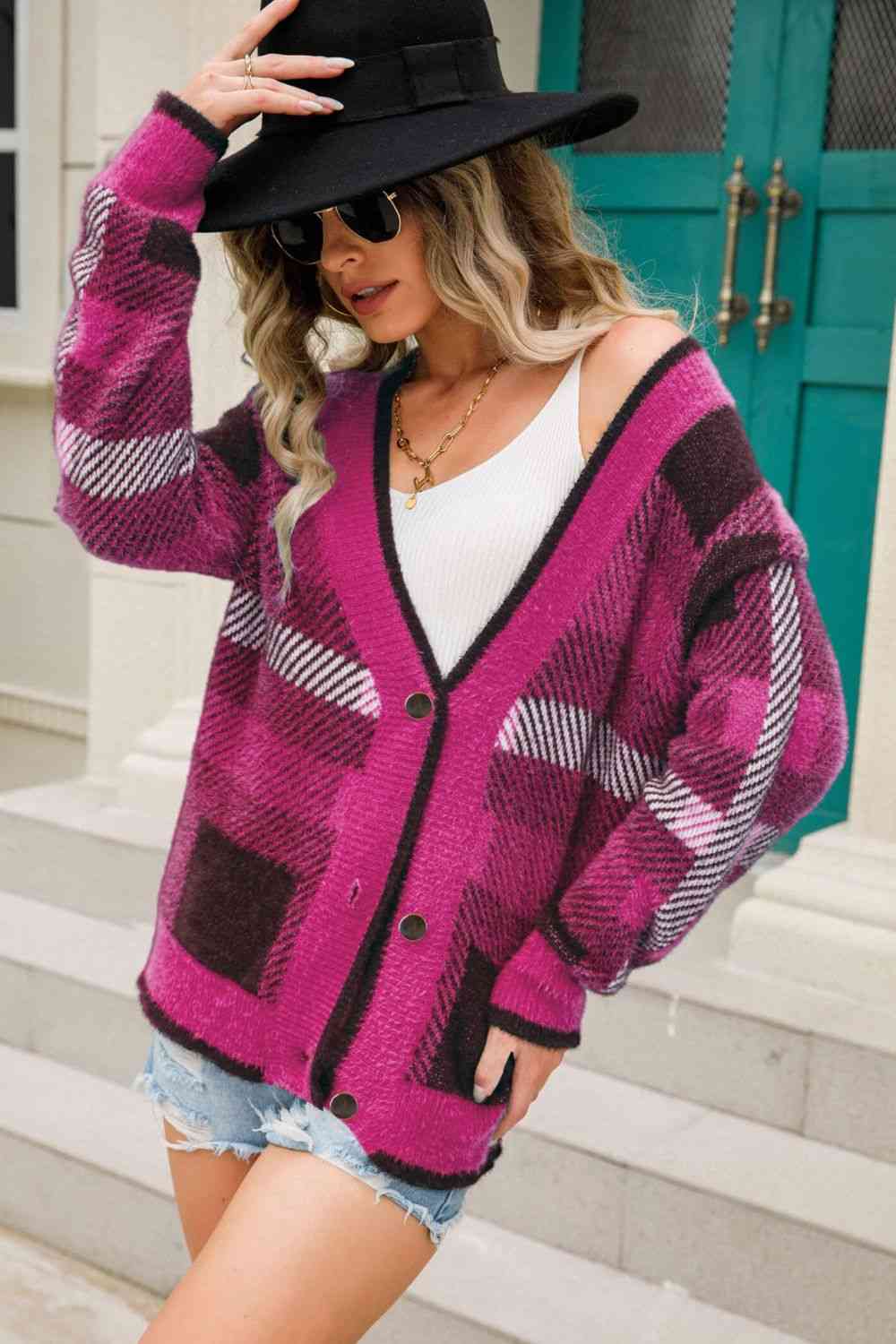 Pine Striped Button-Front Fuzzy Cardigan